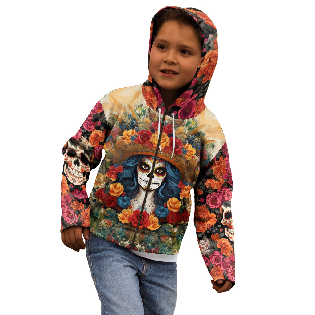 Day of Dead Lady Kid Hoodie Sugar Skull Field Rose Lady - Wonder Print Shop