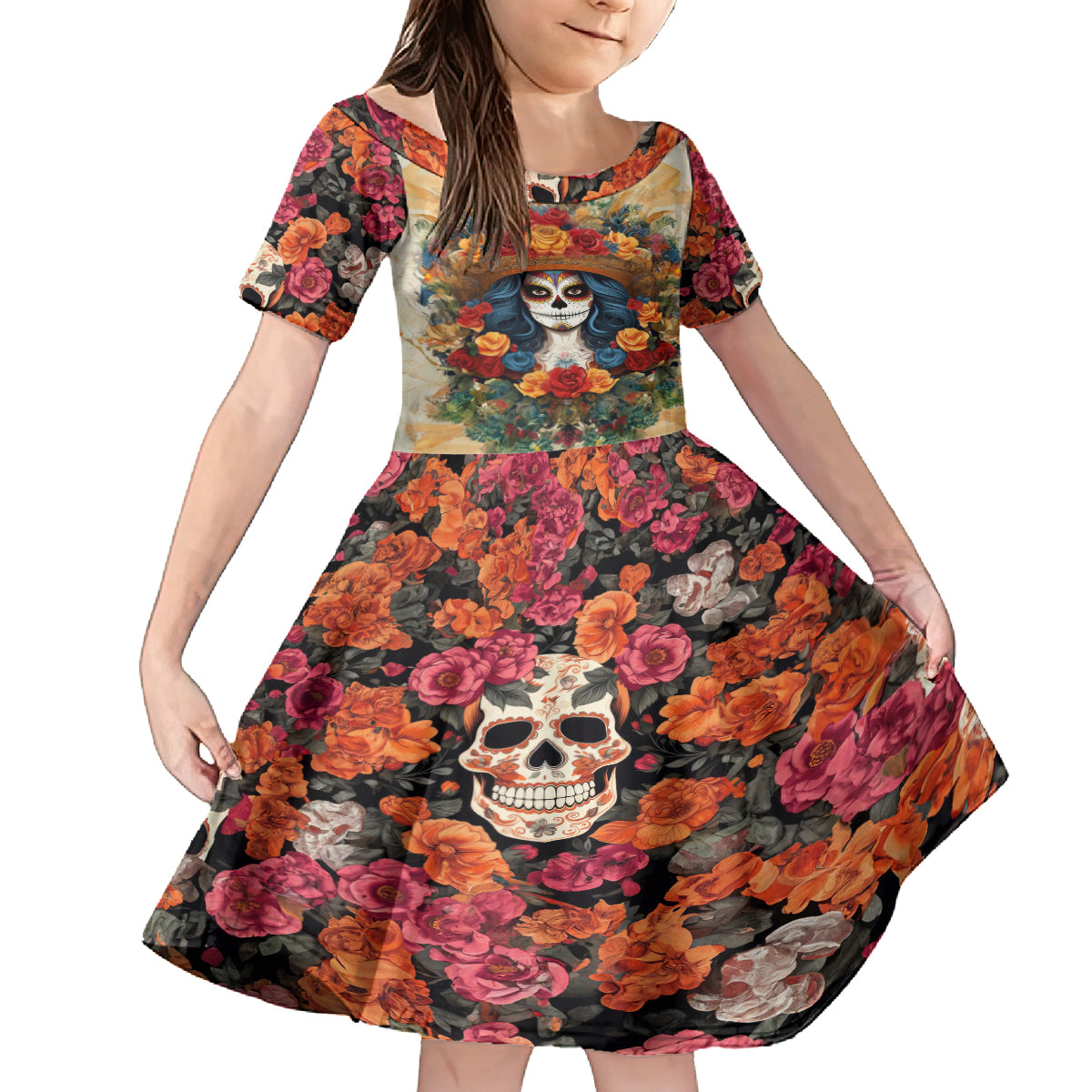 Day of Dead Lady Kid Short Sleeve Dress Sugar Skull Field Rose Lady - Wonder Print Shop