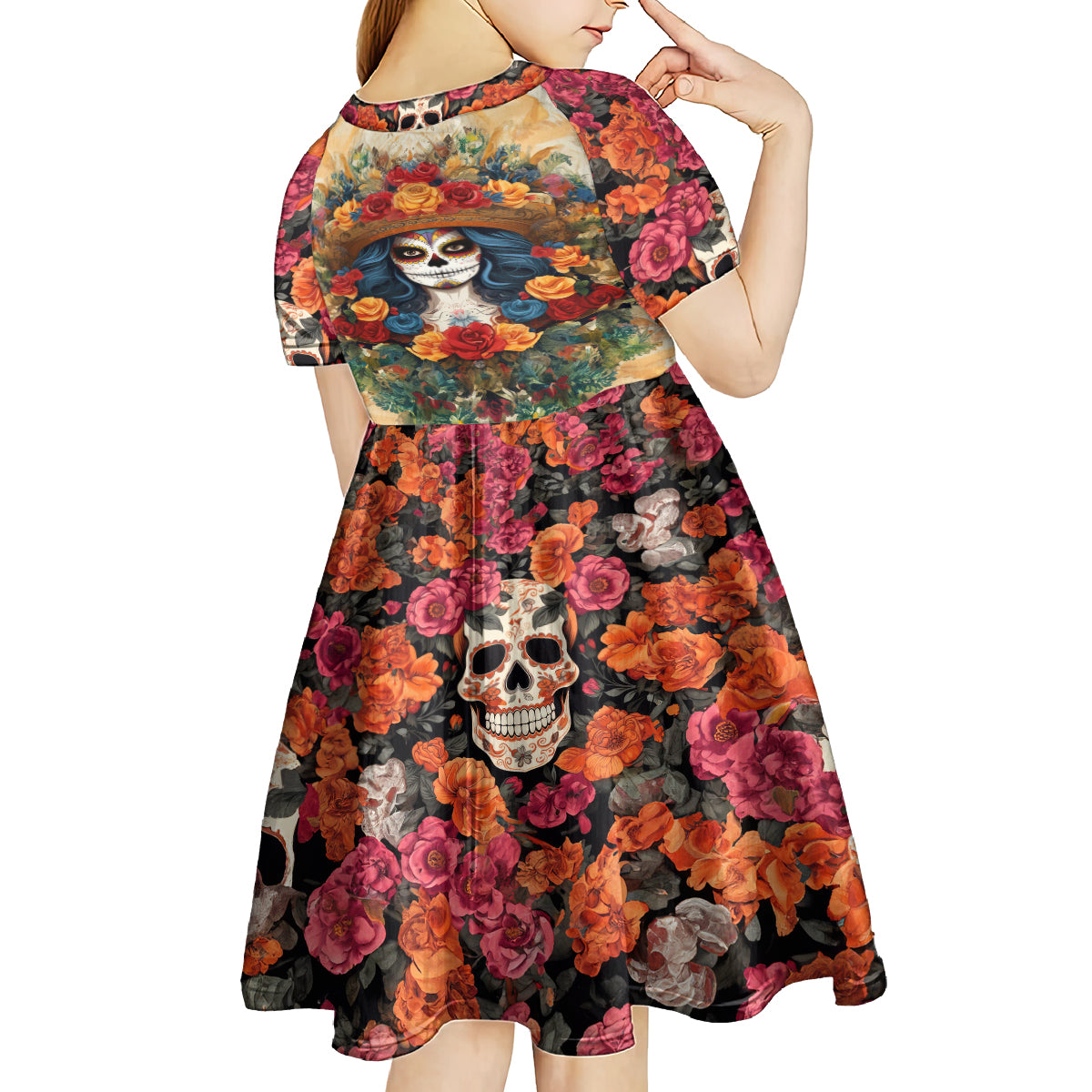 Day of Dead Lady Kid Short Sleeve Dress Sugar Skull Field Rose Lady - Wonder Print Shop