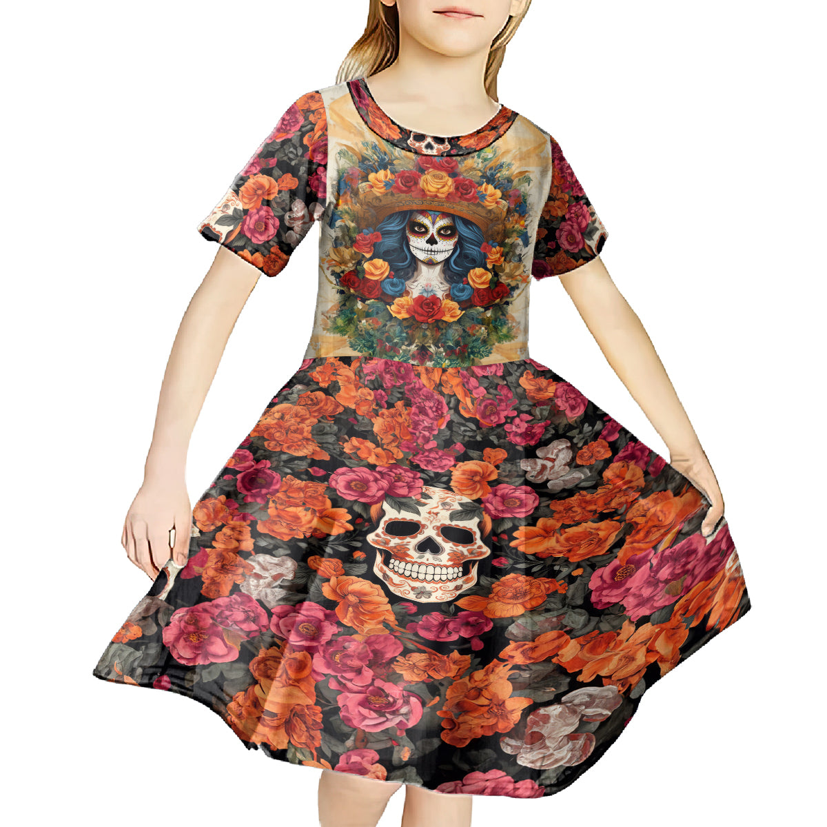 Day of Dead Lady Kid Short Sleeve Dress Sugar Skull Field Rose Lady - Wonder Print Shop