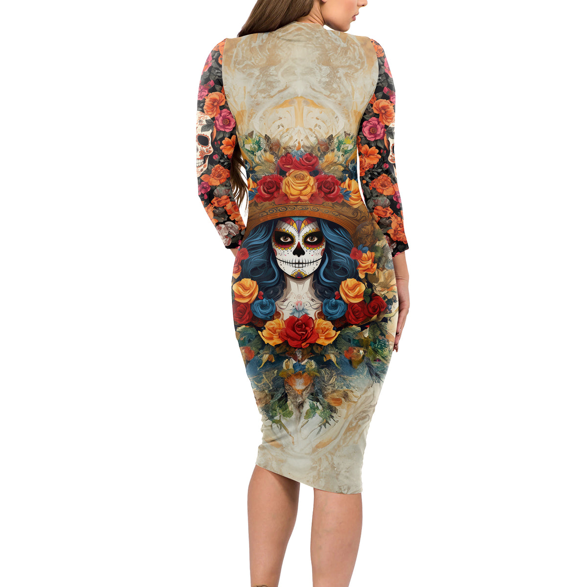 Day of Dead Lady Long Sleeve Bodycon Dress Sugar Skull Field Rose Lady - Wonder Print Shop