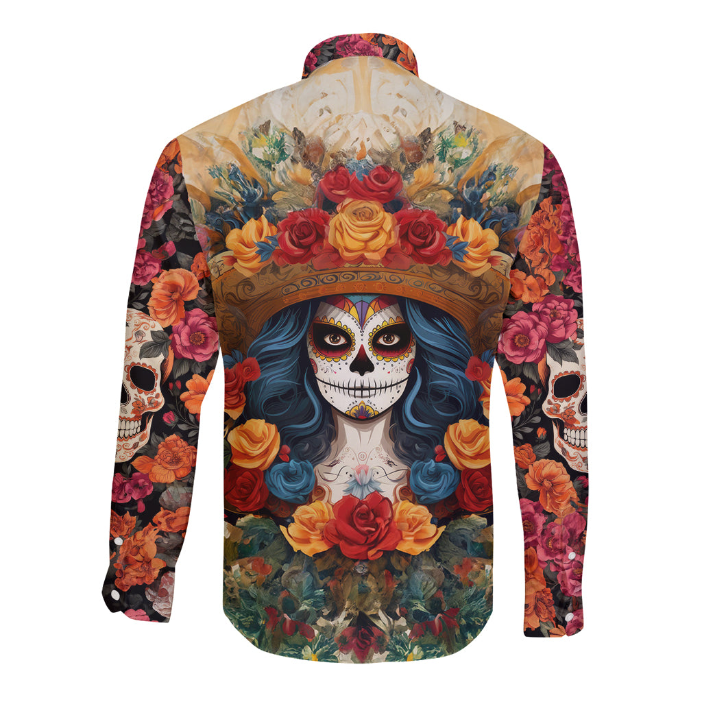 Day of Dead Lady Long Sleeve Button Shirt Sugar Skull Field Rose Lady - Wonder Print Shop
