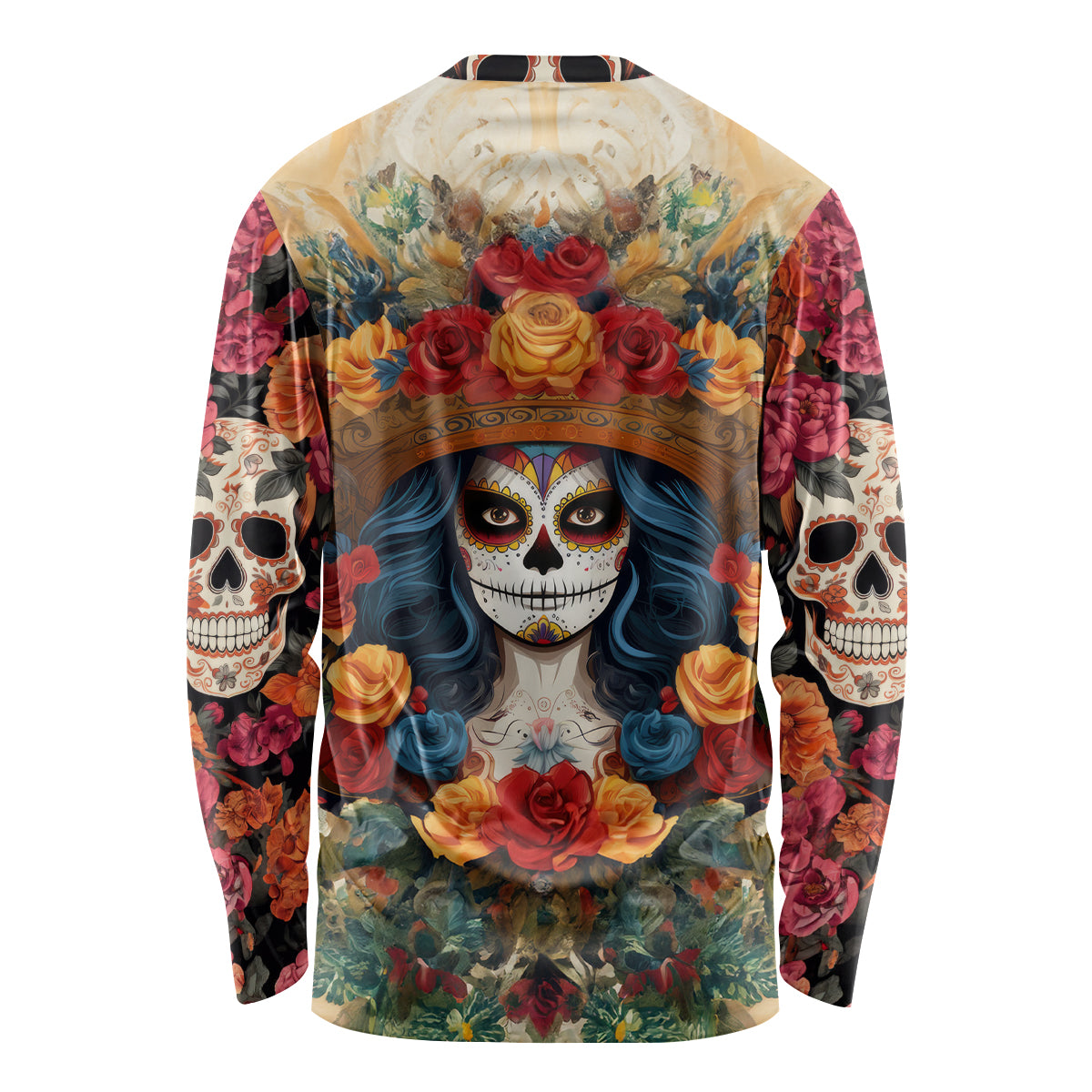 Day of Dead Lady Long Sleeve Shirt Sugar Skull Field Rose Lady - Wonder Print Shop