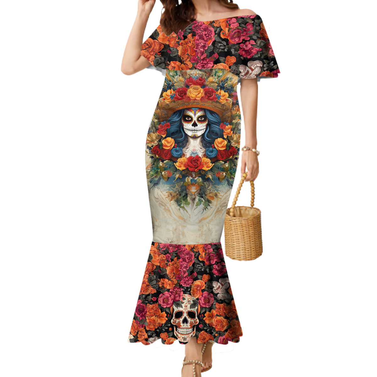 Day of Dead Lady Mermaid Dress Sugar Skull Field Rose Lady - Wonder Print Shop