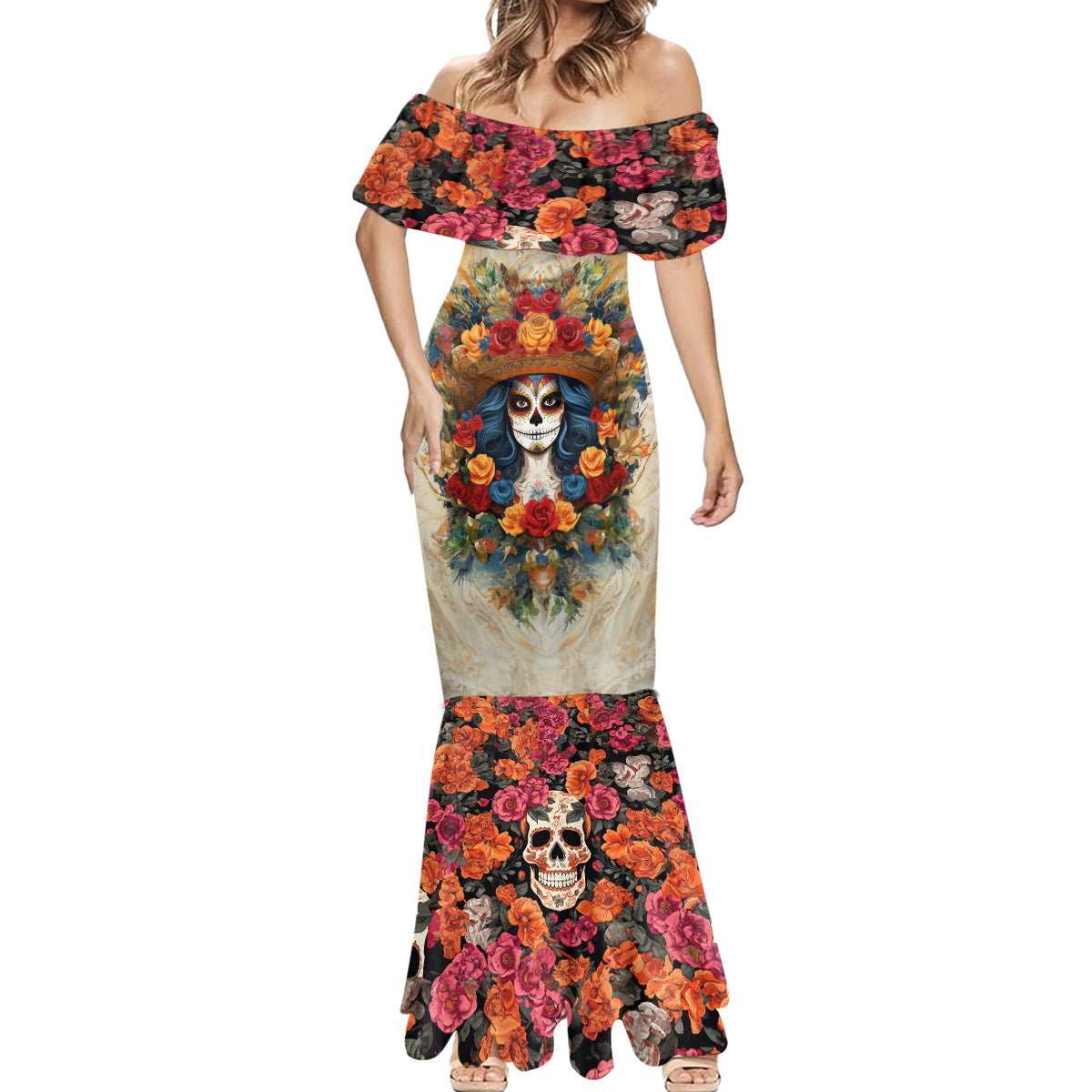 Day of Dead Lady Mermaid Dress Sugar Skull Field Rose Lady - Wonder Print Shop
