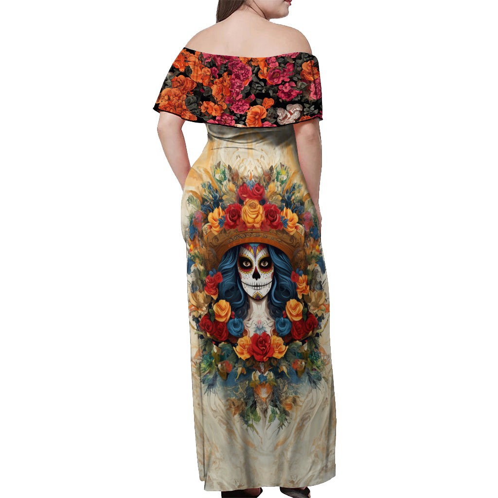 Day of Dead Lady Off Shoulder Maxi Dress Sugar Skull Field Rose Lady - Wonder Print Shop