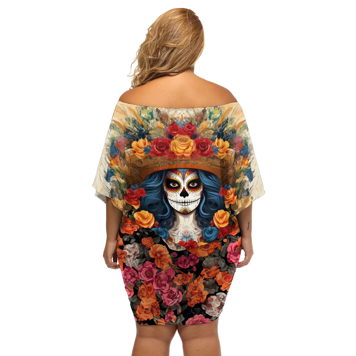 Day of Dead Lady Off Shoulder Short Dress Sugar Skull Field Rose Lady - Wonder Print Shop