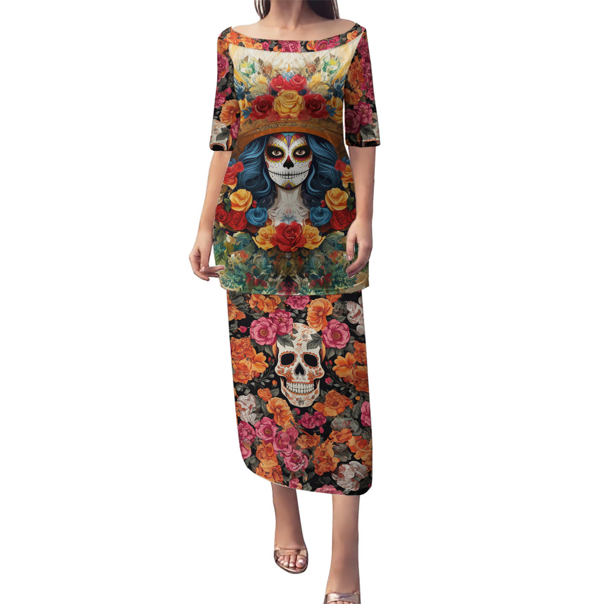 Day of Dead Lady Puletasi Sugar Skull Field Rose Lady - Wonder Print Shop