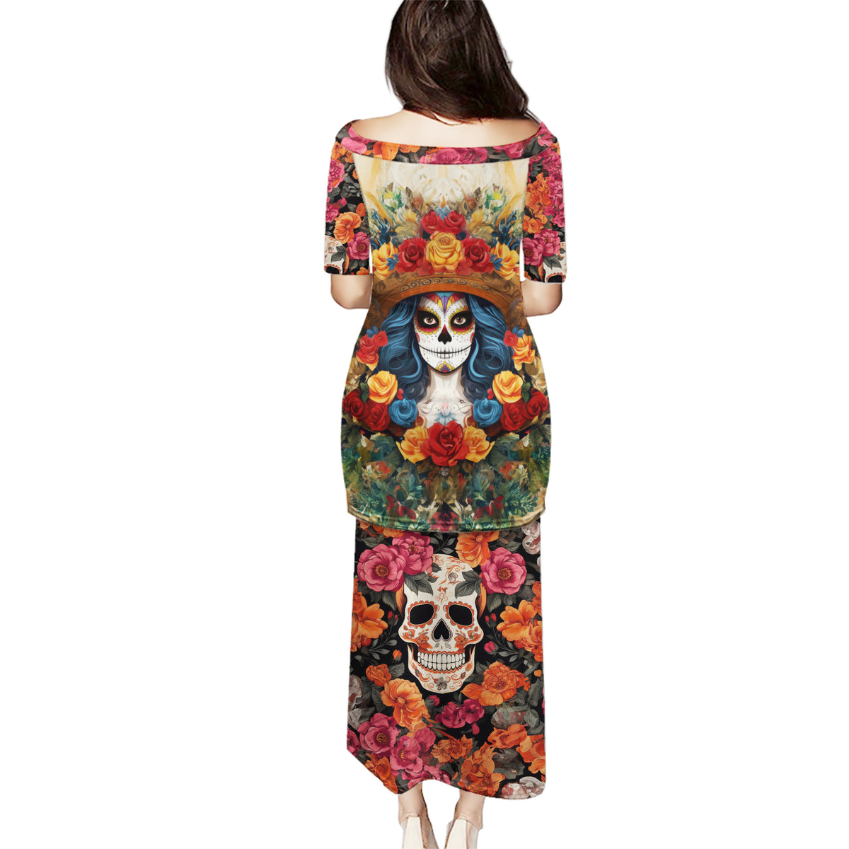 Day of Dead Lady Puletasi Sugar Skull Field Rose Lady - Wonder Print Shop
