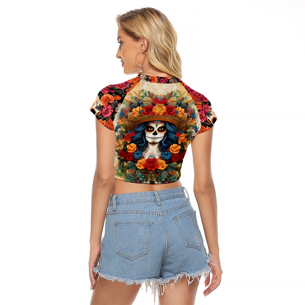 Day of Dead Lady Raglan Cropped T Shirt Sugar Skull Field Rose Lady - Wonder Print Shop