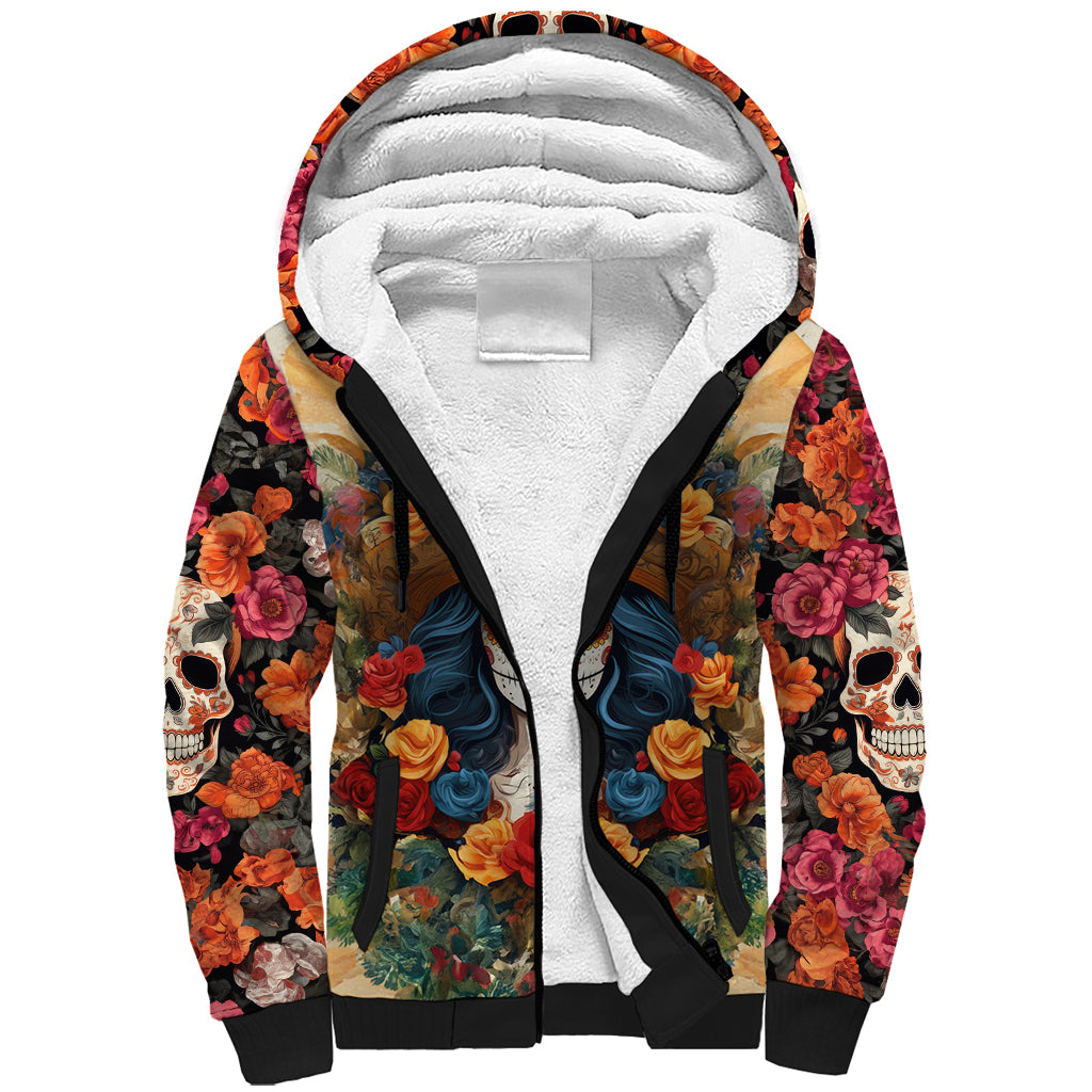 Day of Dead Lady Sherpa Hoodie Sugar Skull Field Rose Lady - Wonder Print Shop