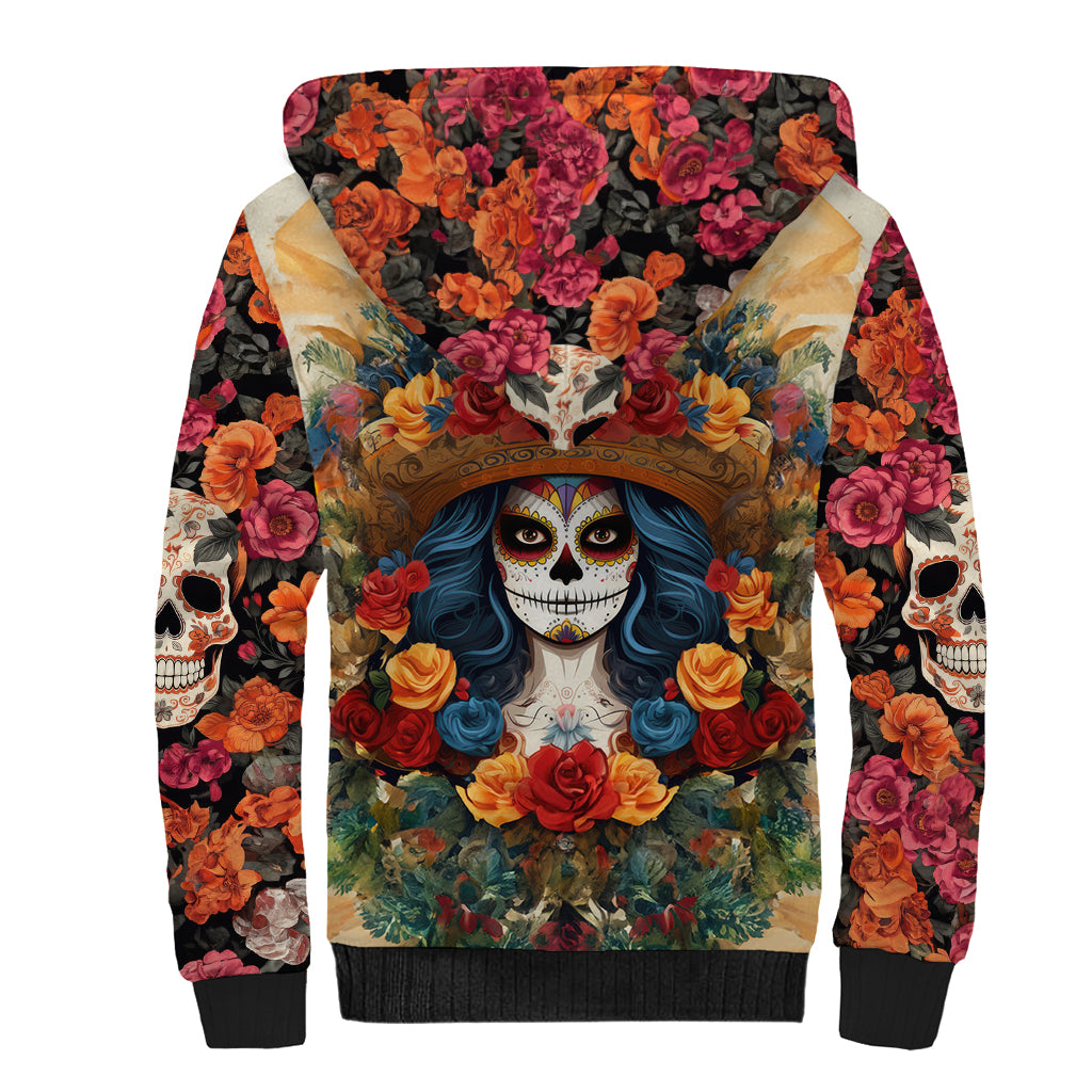 Day of Dead Lady Sherpa Hoodie Sugar Skull Field Rose Lady - Wonder Print Shop