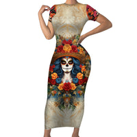 Day of Dead Lady Short Sleeve Bodycon Dress Sugar Skull Field Rose Lady - Wonder Print Shop