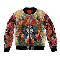 Day of Dead Lady Sleeve Zip Bomber Jacket Sugar Skull Field Rose Lady - Wonder Print Shop