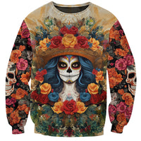 Day of Dead Lady Sweatshirt Sugar Skull Field Rose Lady - Wonder Print Shop