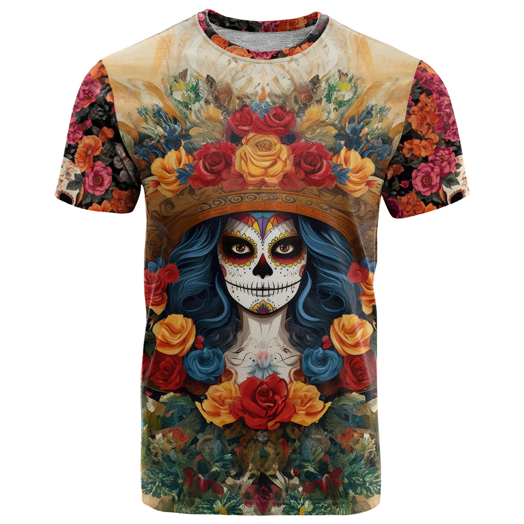 Day of Dead Lady T Shirt Sugar Skull Field Rose Lady - Wonder Print Shop