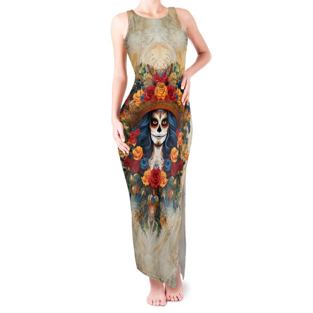 Day of Dead Lady Tank Maxi Dress Sugar Skull Field Rose Lady - Wonder Print Shop