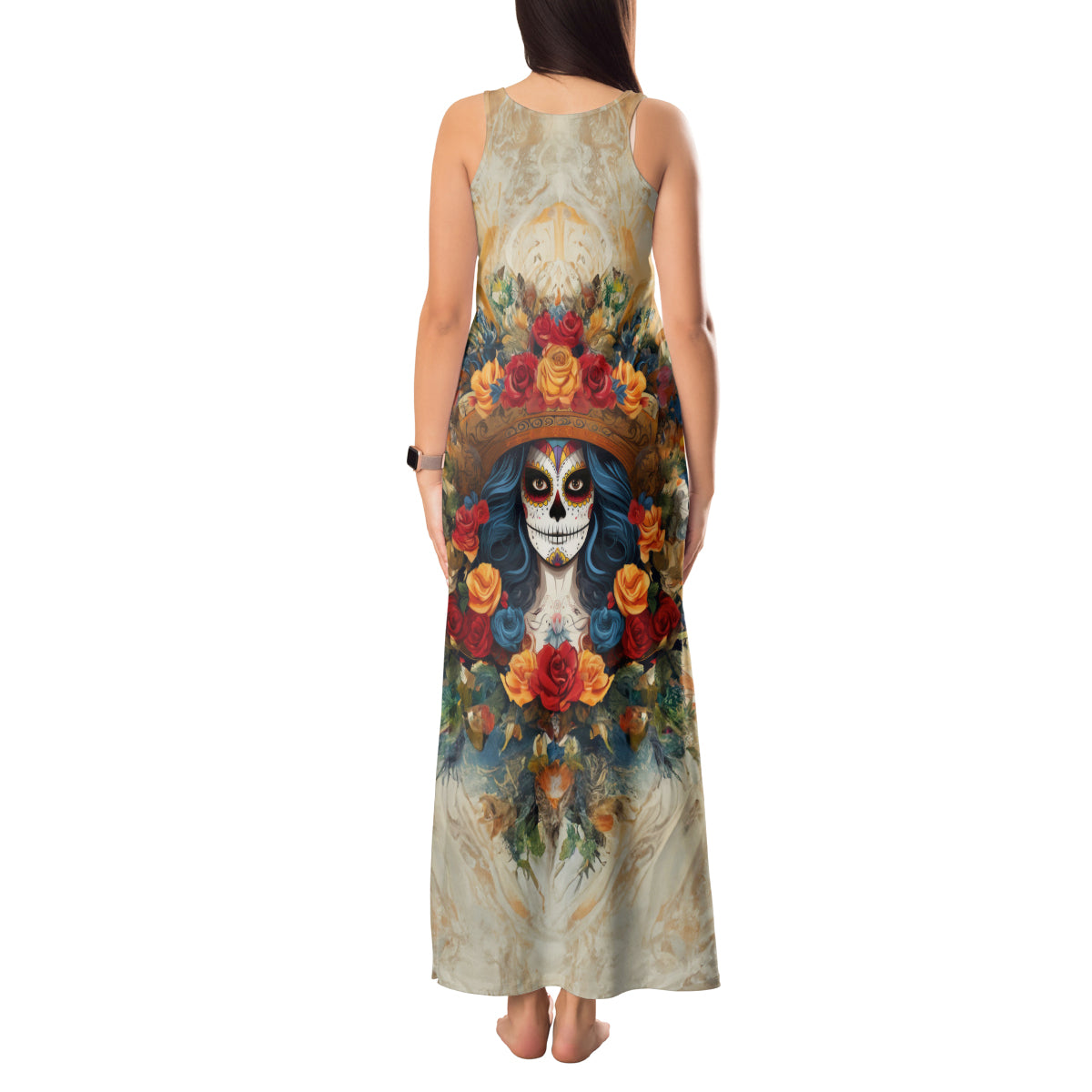 Day of Dead Lady Tank Maxi Dress Sugar Skull Field Rose Lady - Wonder Print Shop