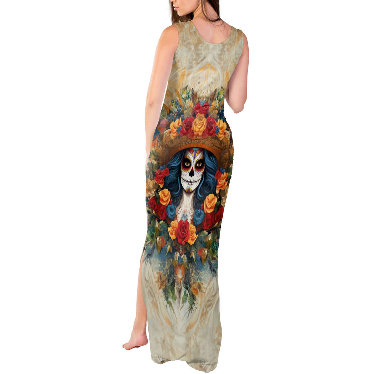 Day of Dead Lady Tank Maxi Dress Sugar Skull Field Rose Lady - Wonder Print Shop