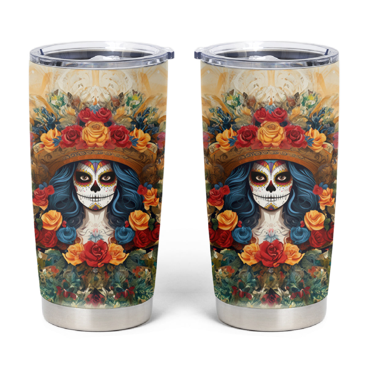 Day of Dead Lady Tumbler Cup Sugar Skull Field Rose Lady - Wonder Print Shop