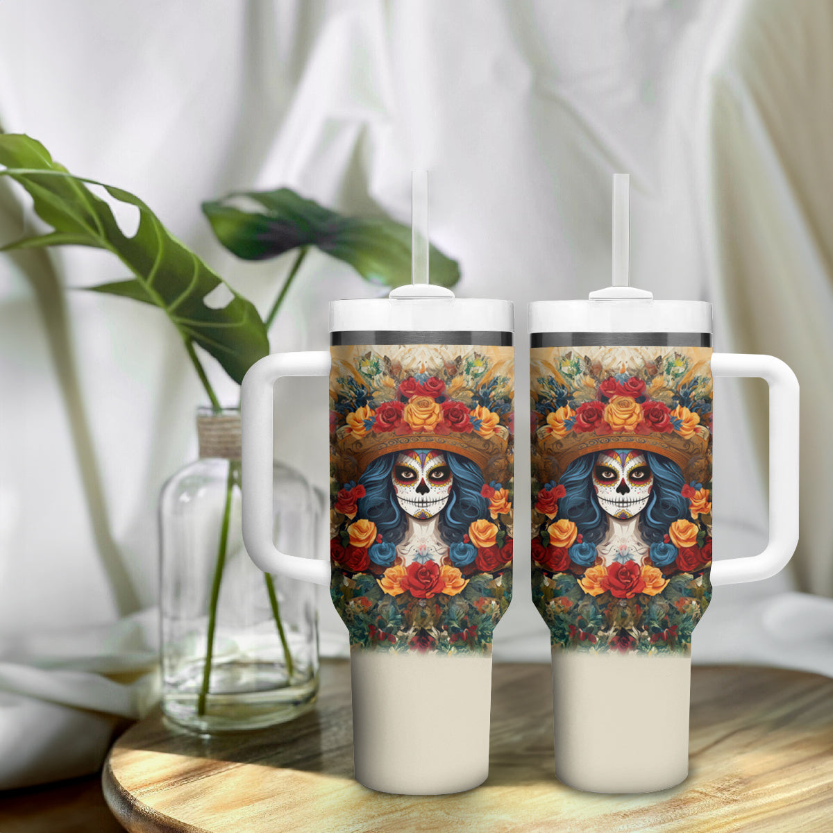 Day of Dead Lady Tumbler With Handle Sugar Skull Field Rose Lady - Wonder Print Shop