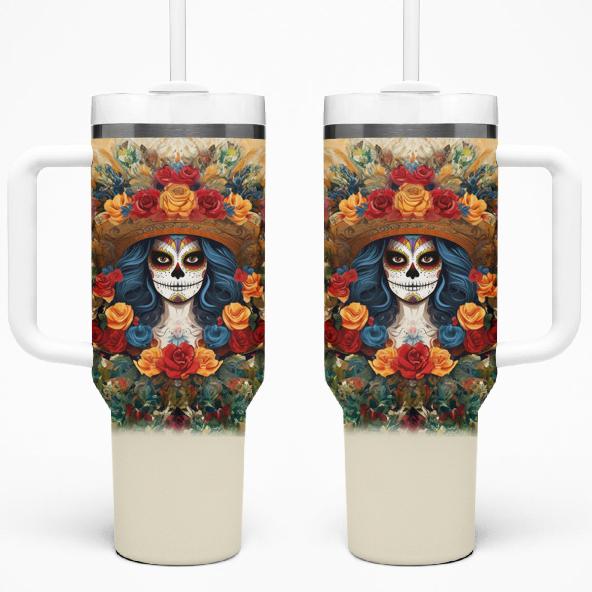 Day of Dead Lady Tumbler With Handle Sugar Skull Field Rose Lady - Wonder Print Shop