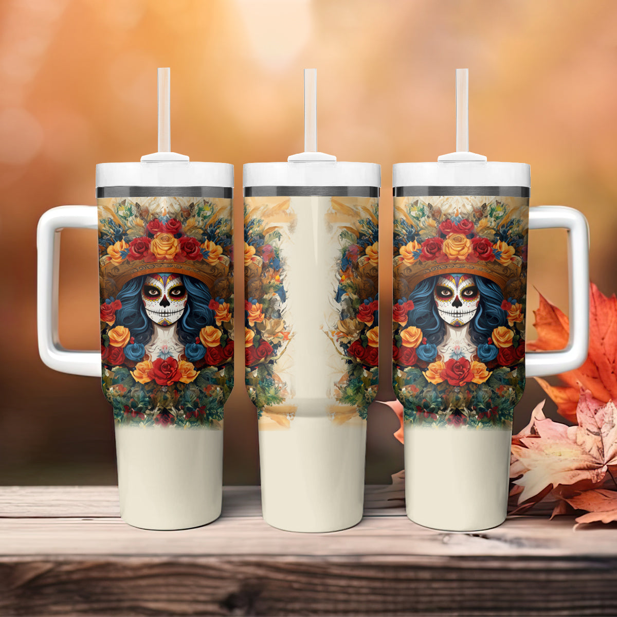 Day of Dead Lady Tumbler With Handle Sugar Skull Field Rose Lady - Wonder Print Shop