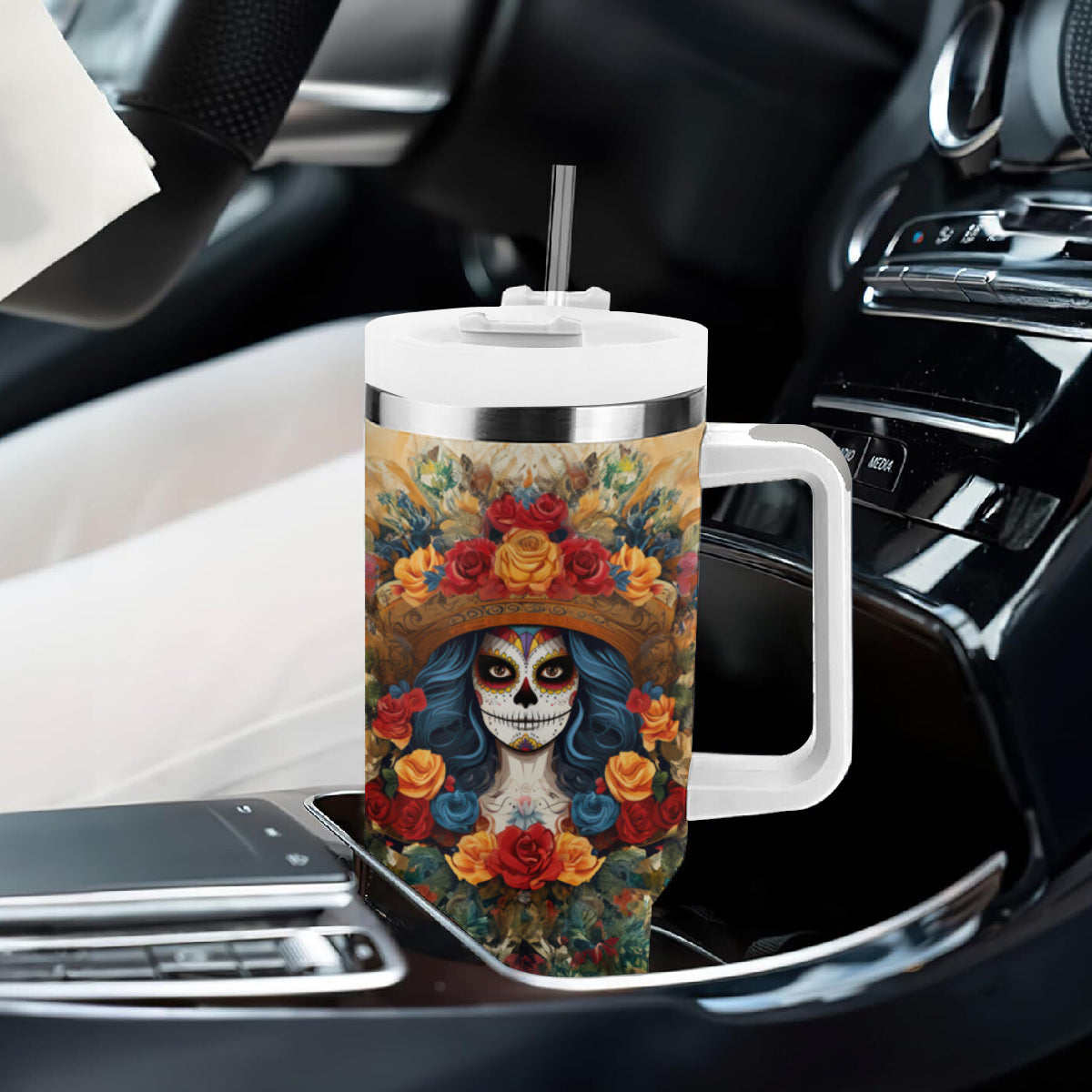 Day of Dead Lady Tumbler With Handle Sugar Skull Field Rose Lady - Wonder Print Shop