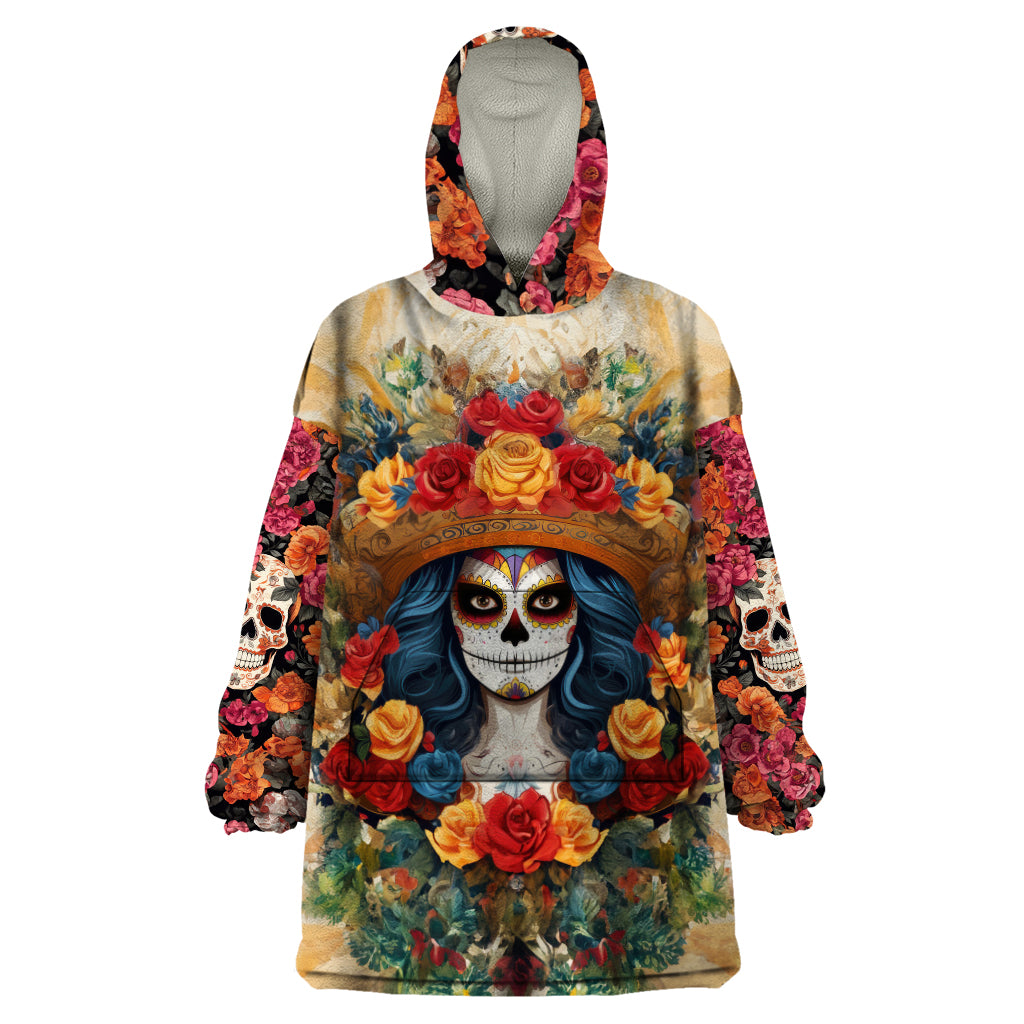 Day of Dead Lady Wearable Blanket Hoodie Sugar Skull Field Rose Lady - Wonder Print Shop