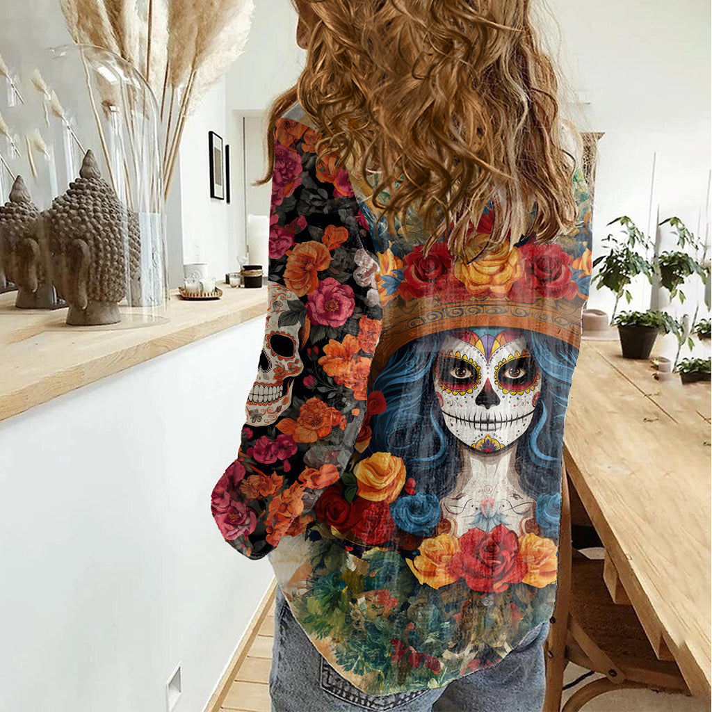 Day of Dead Lady Women Casual Shirt Sugar Skull Field Rose Lady - Wonder Print Shop