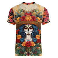 Day of Dead Lady Women V Neck T Shirt Sugar Skull Field Rose Lady - Wonder Print Shop