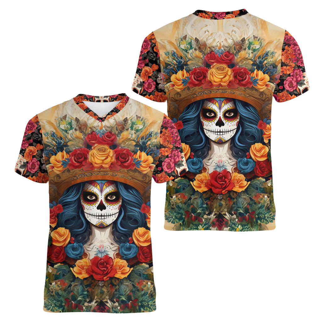 Day of Dead Lady Women V Neck T Shirt Sugar Skull Field Rose Lady - Wonder Print Shop