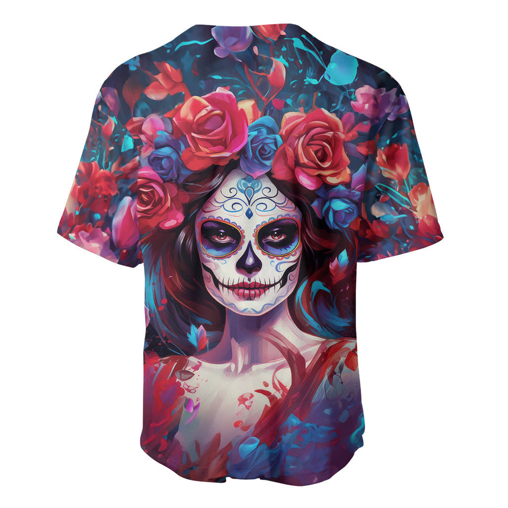 Day of Dead Lady Baseball Jersey Sugar Skull Field Rose Lady - Wonder Print Shop