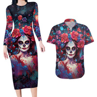 Day of Dead Lady Couples Matching Long Sleeve Bodycon Dress and Hawaiian Shirt Sugar Skull Field Rose Lady - Wonder Print Shop