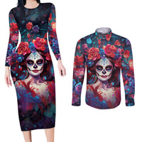 Day of Dead Lady Couples Matching Long Sleeve Bodycon Dress and Long Sleeve Button Shirt Sugar Skull Field Rose Lady - Wonder Print Shop