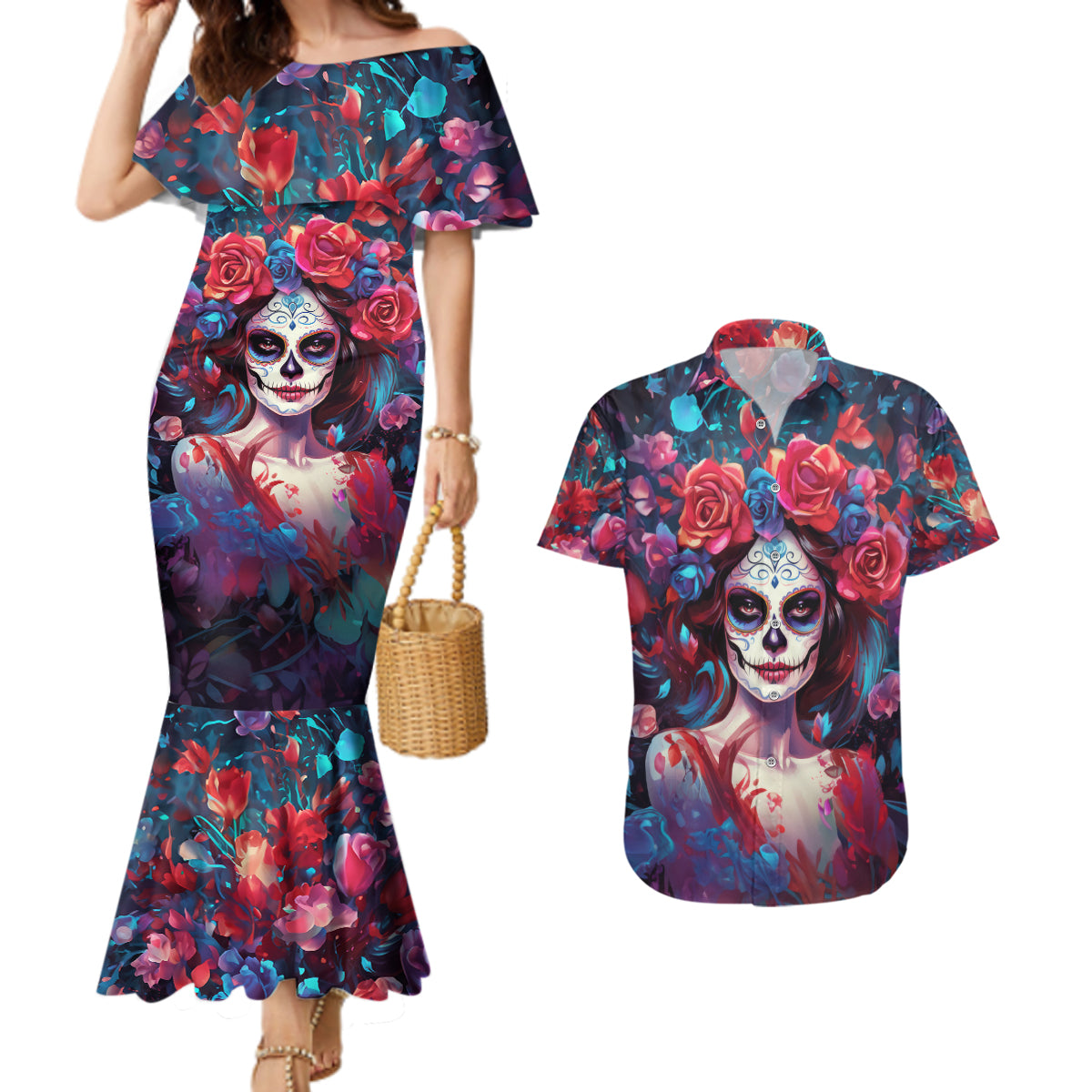 Day of Dead Lady Couples Matching Mermaid Dress and Hawaiian Shirt Sugar Skull Field Rose Lady - Wonder Print Shop