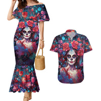 Day of Dead Lady Couples Matching Mermaid Dress and Hawaiian Shirt Sugar Skull Field Rose Lady - Wonder Print Shop