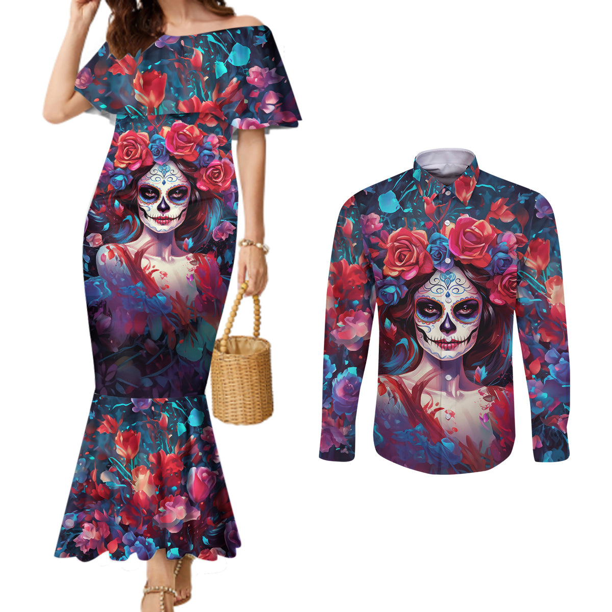 day-of-dead-lady-couples-matching-mermaid-dress-and-long-sleeve-button-shirt-sugar-skull-field-rose-lady