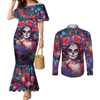 day-of-dead-lady-couples-matching-mermaid-dress-and-long-sleeve-button-shirt-sugar-skull-field-rose-lady