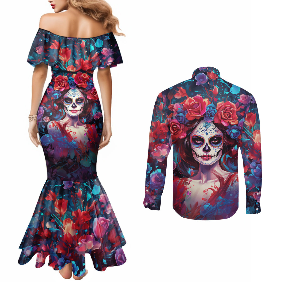 day-of-dead-lady-couples-matching-mermaid-dress-and-long-sleeve-button-shirt-sugar-skull-field-rose-lady