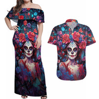 Day of Dead Lady Couples Matching Off Shoulder Maxi Dress and Hawaiian Shirt Sugar Skull Field Rose Lady - Wonder Print Shop