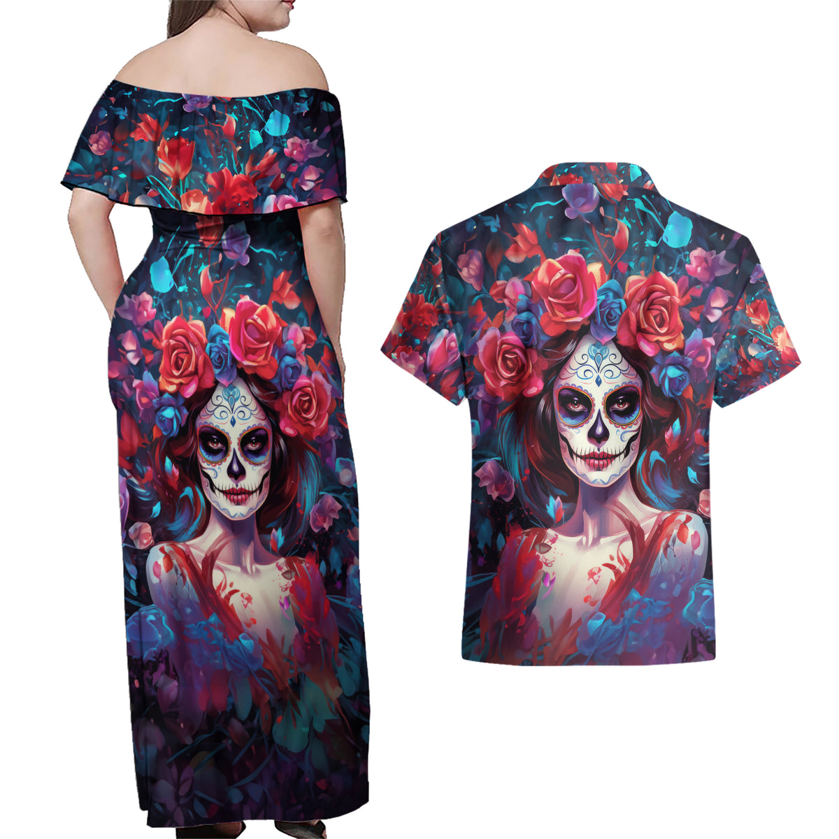 Day of Dead Lady Couples Matching Off Shoulder Maxi Dress and Hawaiian Shirt Sugar Skull Field Rose Lady - Wonder Print Shop