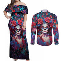 Day of Dead Lady Couples Matching Off Shoulder Maxi Dress and Long Sleeve Button Shirt Sugar Skull Field Rose Lady - Wonder Print Shop