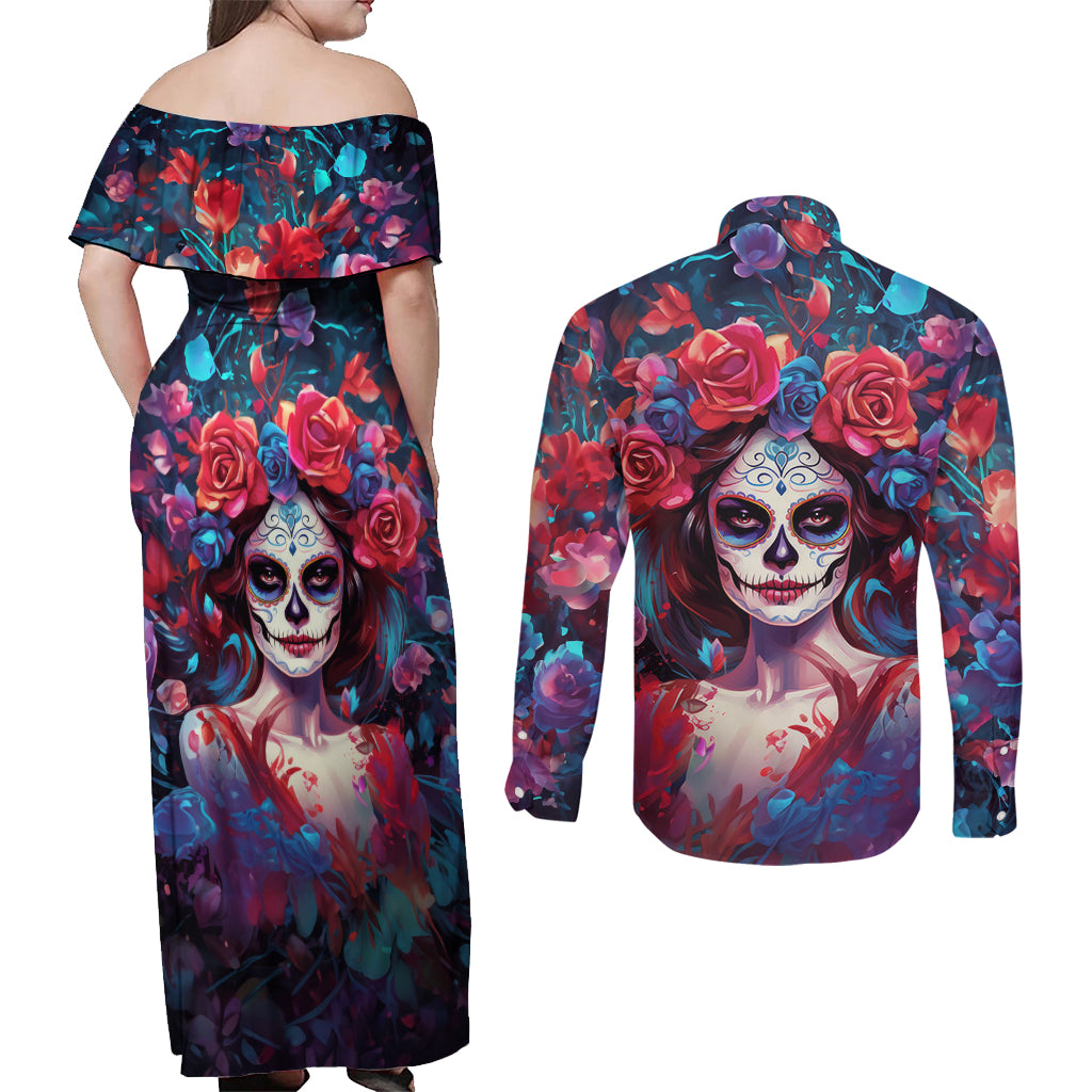 Day of Dead Lady Couples Matching Off Shoulder Maxi Dress and Long Sleeve Button Shirt Sugar Skull Field Rose Lady - Wonder Print Shop