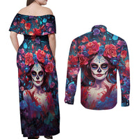 Day of Dead Lady Couples Matching Off Shoulder Maxi Dress and Long Sleeve Button Shirt Sugar Skull Field Rose Lady - Wonder Print Shop