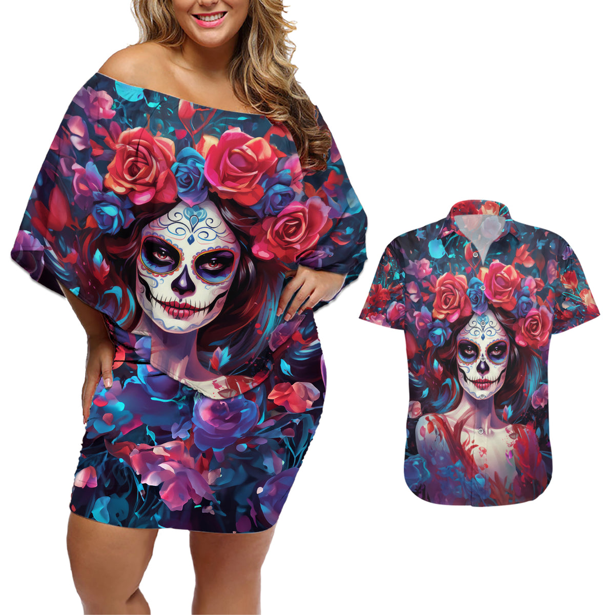 Day of Dead Lady Couples Matching Off Shoulder Short Dress and Hawaiian Shirt Sugar Skull Field Rose Lady - Wonder Print Shop