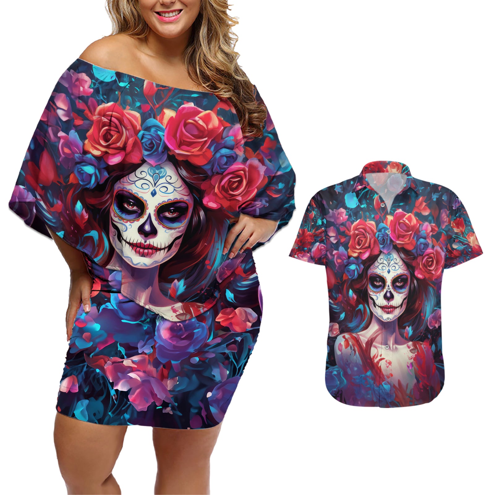 Day of Dead Lady Couples Matching Off Shoulder Short Dress and Hawaiian Shirt Sugar Skull Field Rose Lady - Wonder Print Shop