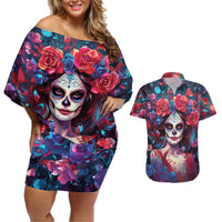 Day of Dead Lady Couples Matching Off Shoulder Short Dress and Hawaiian Shirt Sugar Skull Field Rose Lady - Wonder Print Shop