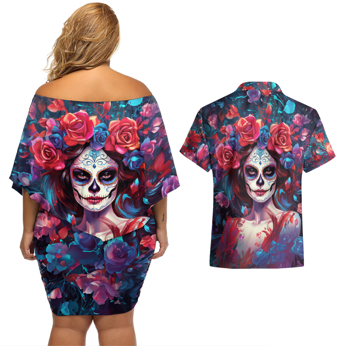Day of Dead Lady Couples Matching Off Shoulder Short Dress and Hawaiian Shirt Sugar Skull Field Rose Lady - Wonder Print Shop
