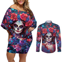 Day of Dead Lady Couples Matching Off Shoulder Short Dress and Long Sleeve Button Shirt Sugar Skull Field Rose Lady - Wonder Print Shop